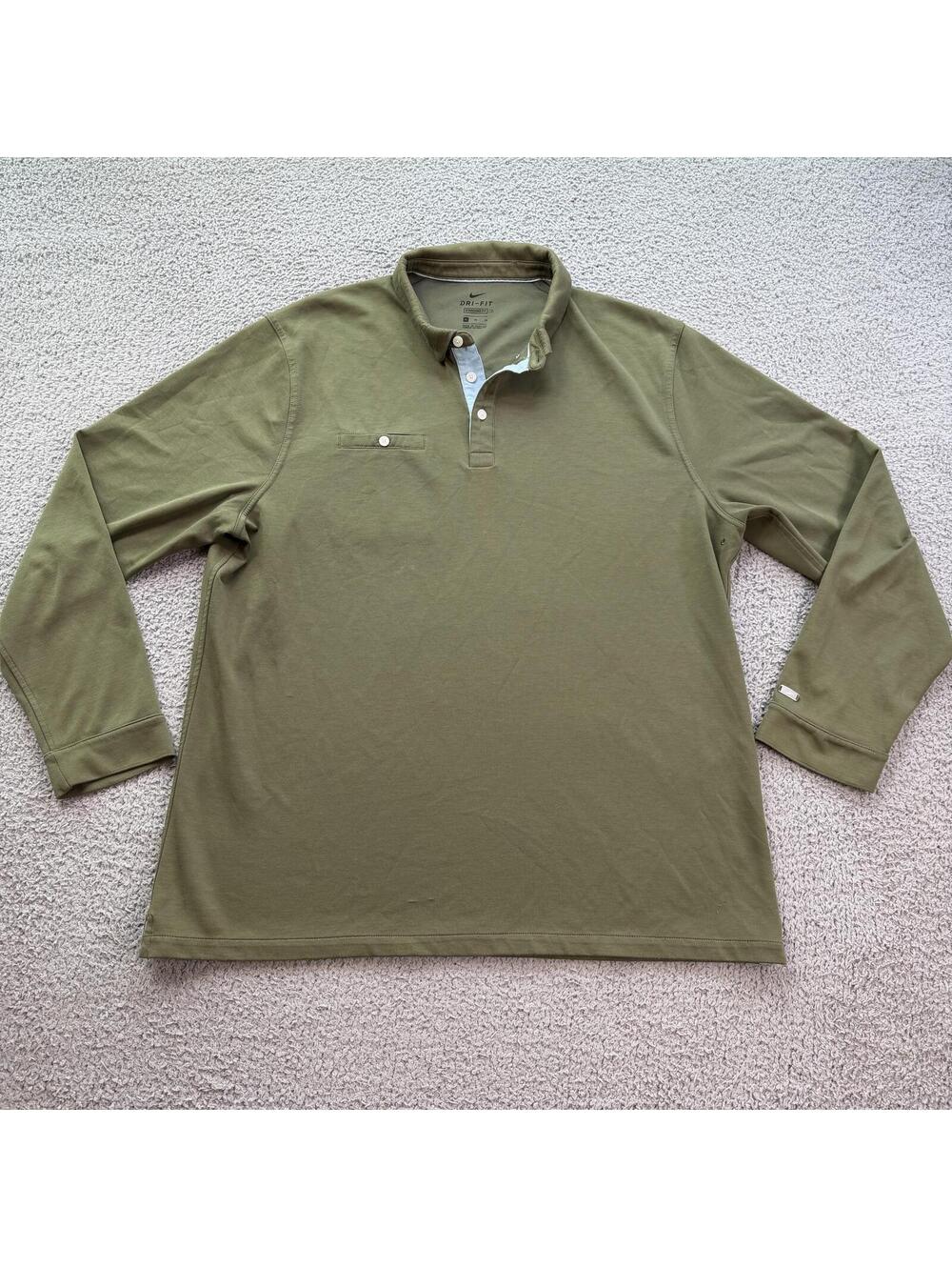 Nike Dri-FIT Long Sleeve Polo Shirt Olive Green XL Standard Fit Performance Golf